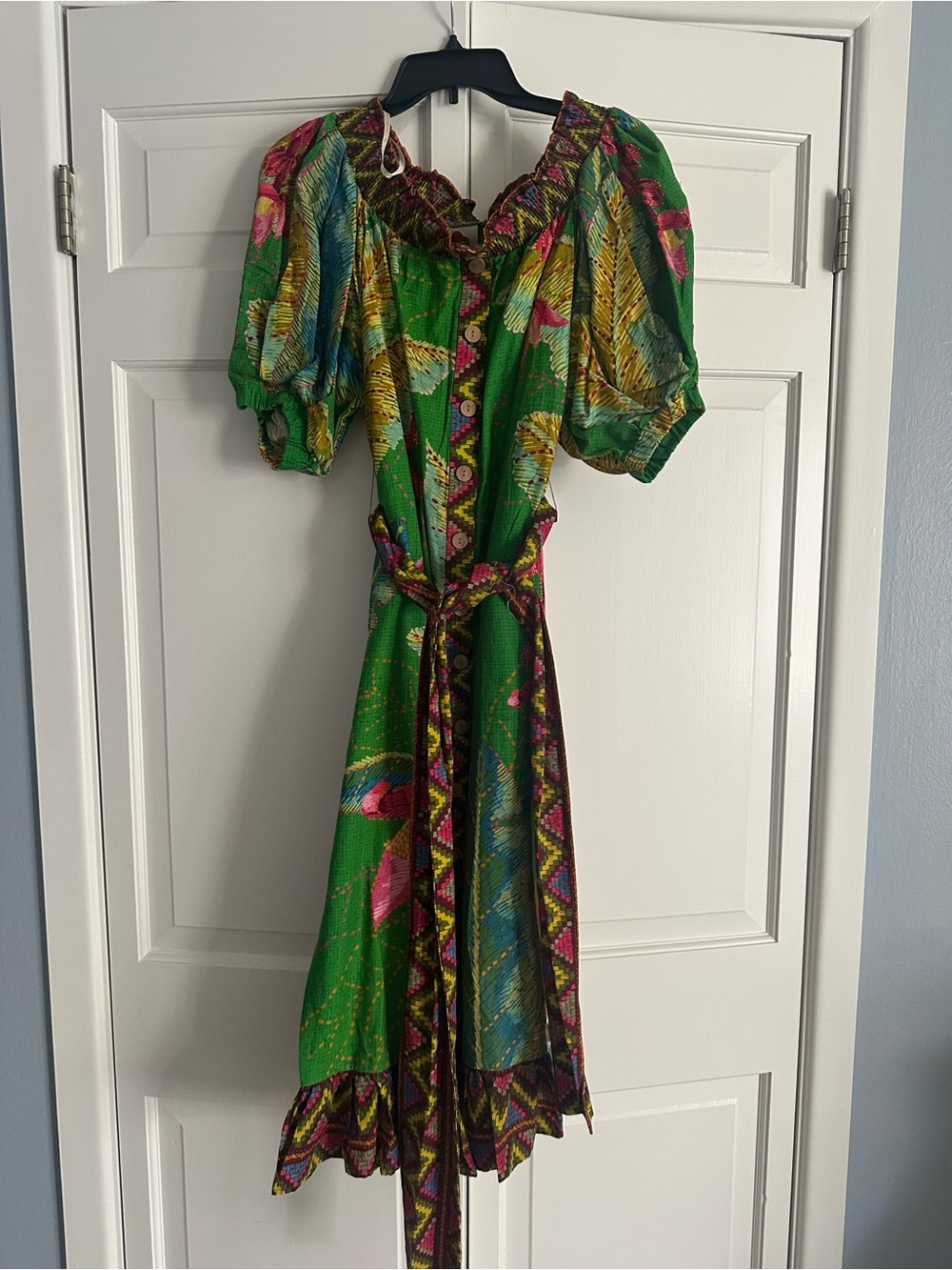 FARM Rio Green Tropical Floral Maxi Dress with Pink and Yellow Accents